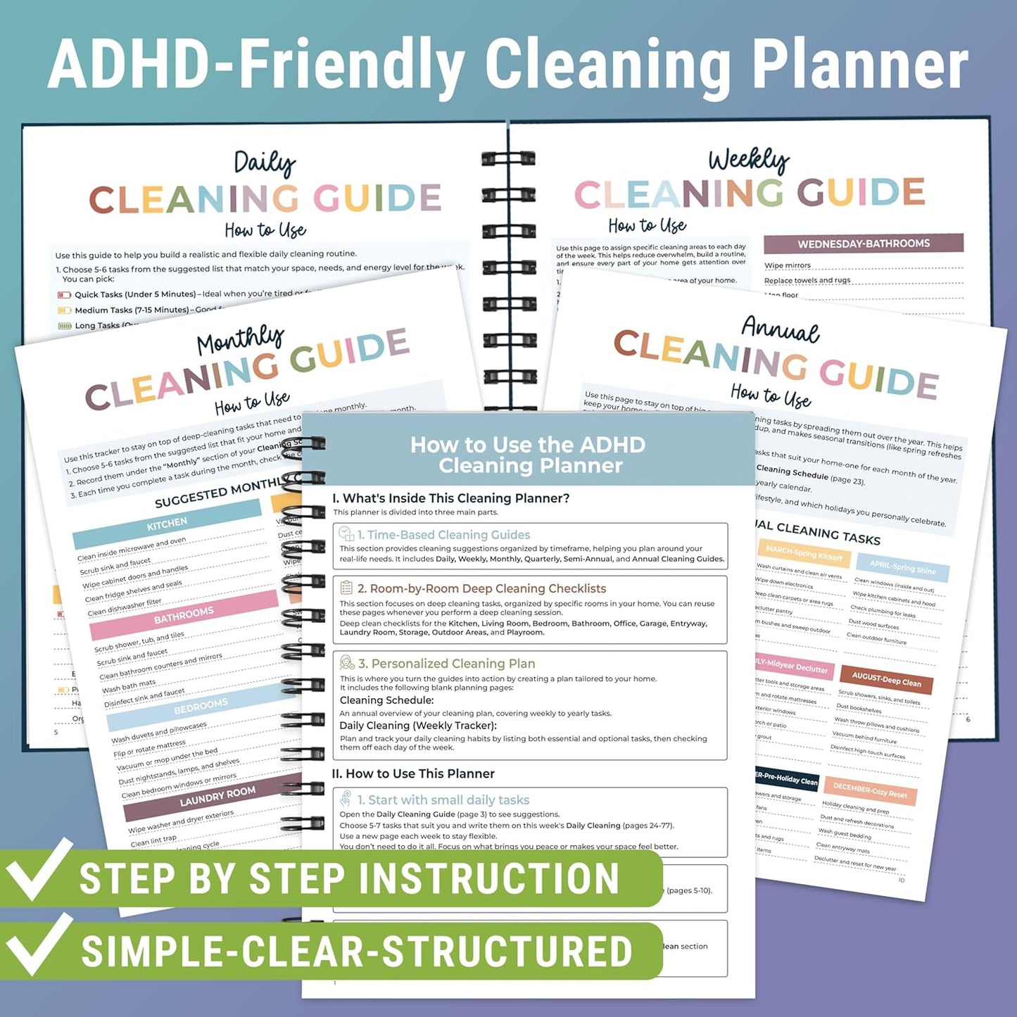 ADHD Cleaning Planner - Cleaning Schedule and Checklist Organizer for Adults and Teens - Daily, Weekly & Monthly Household Cleaning Checklist for ADHD Minds - Stress-Free Housework